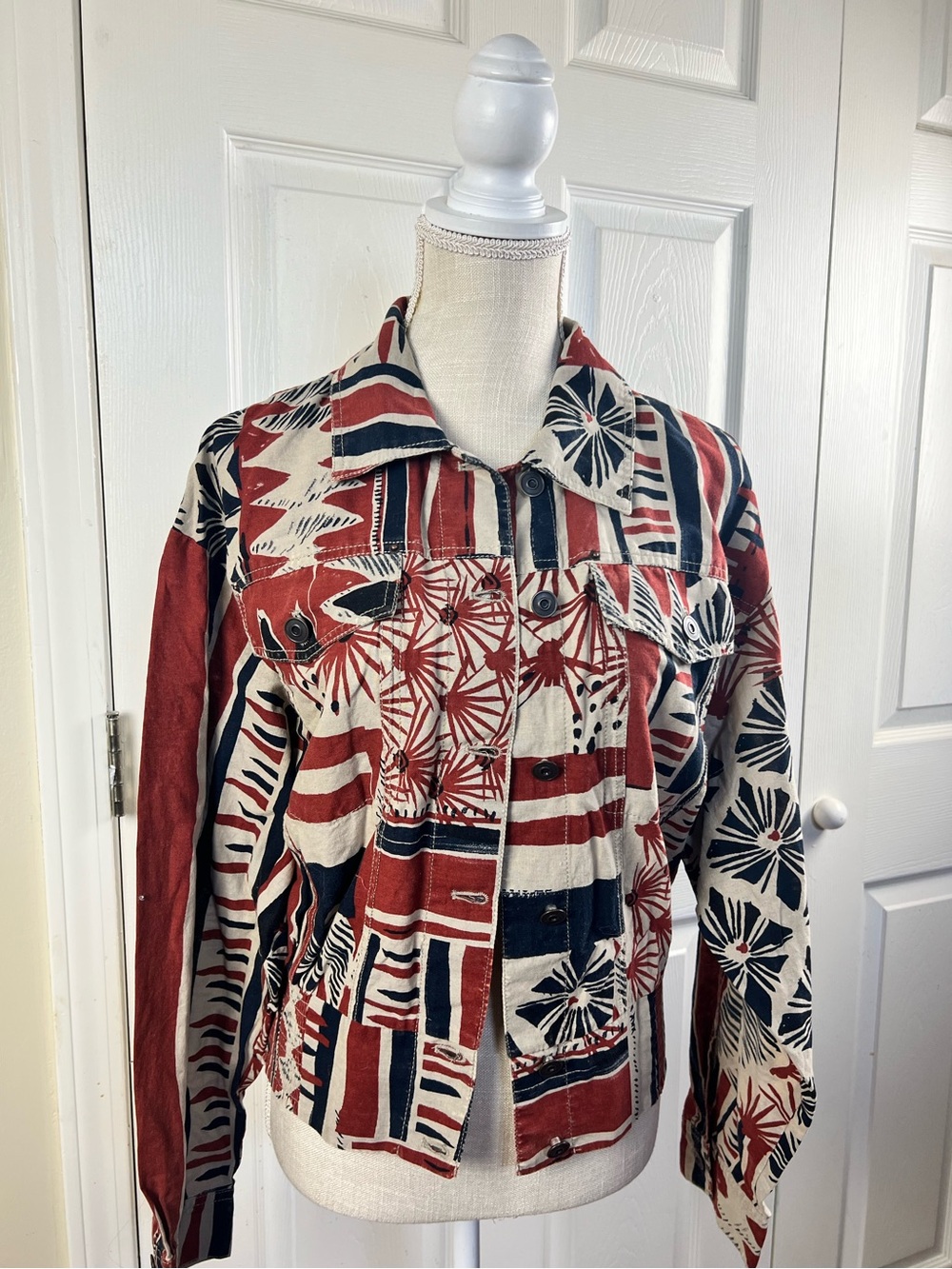 Free People Abstract Geometric Print Utility Jacket Smocked Back Size M